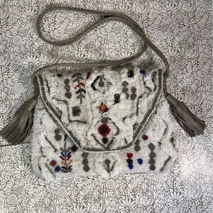 Anthropologie Ibban White Cotton Boho Crossbody Bag Embroidered Shoulder Purse
